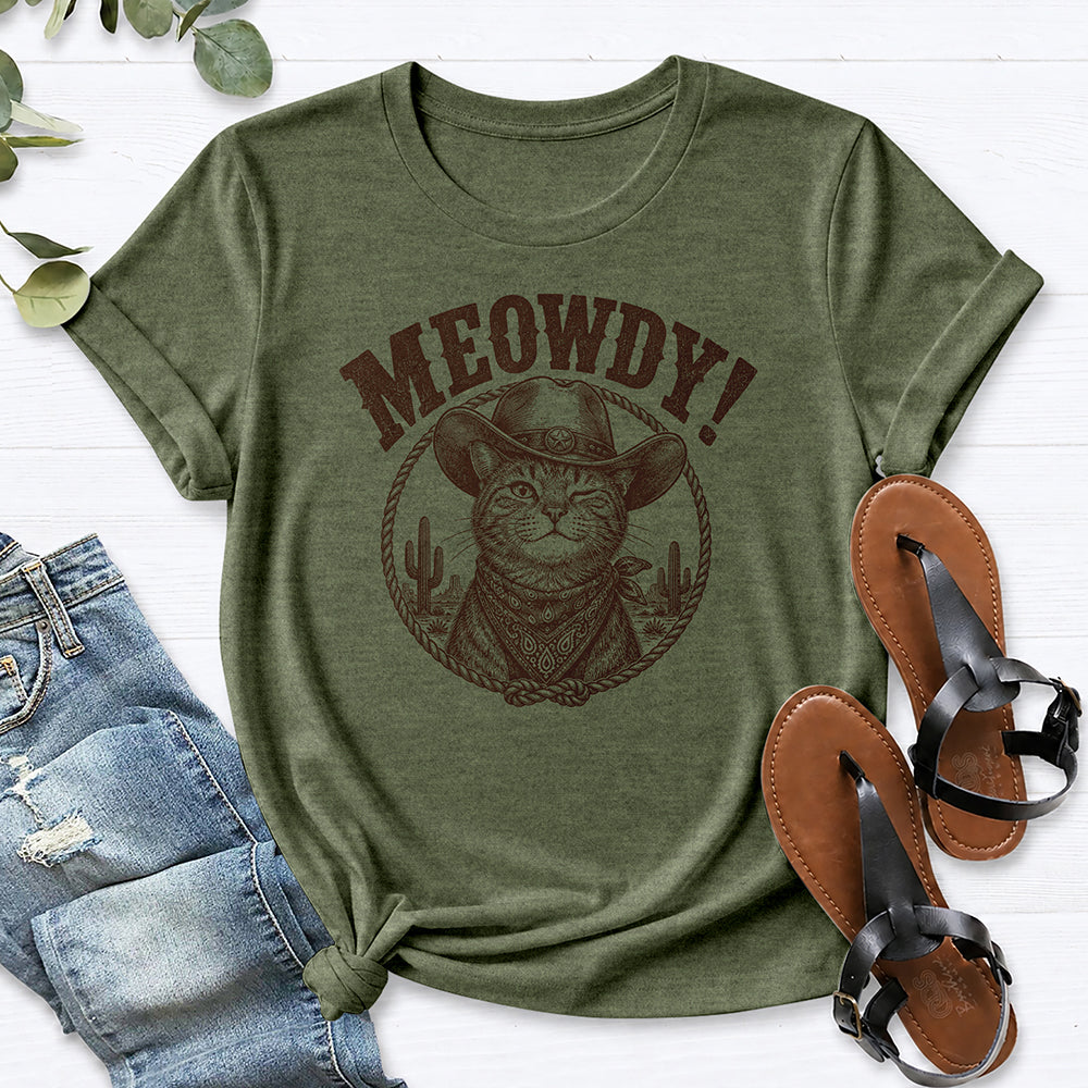 Meowdy Cat Tee — Heather Military Green