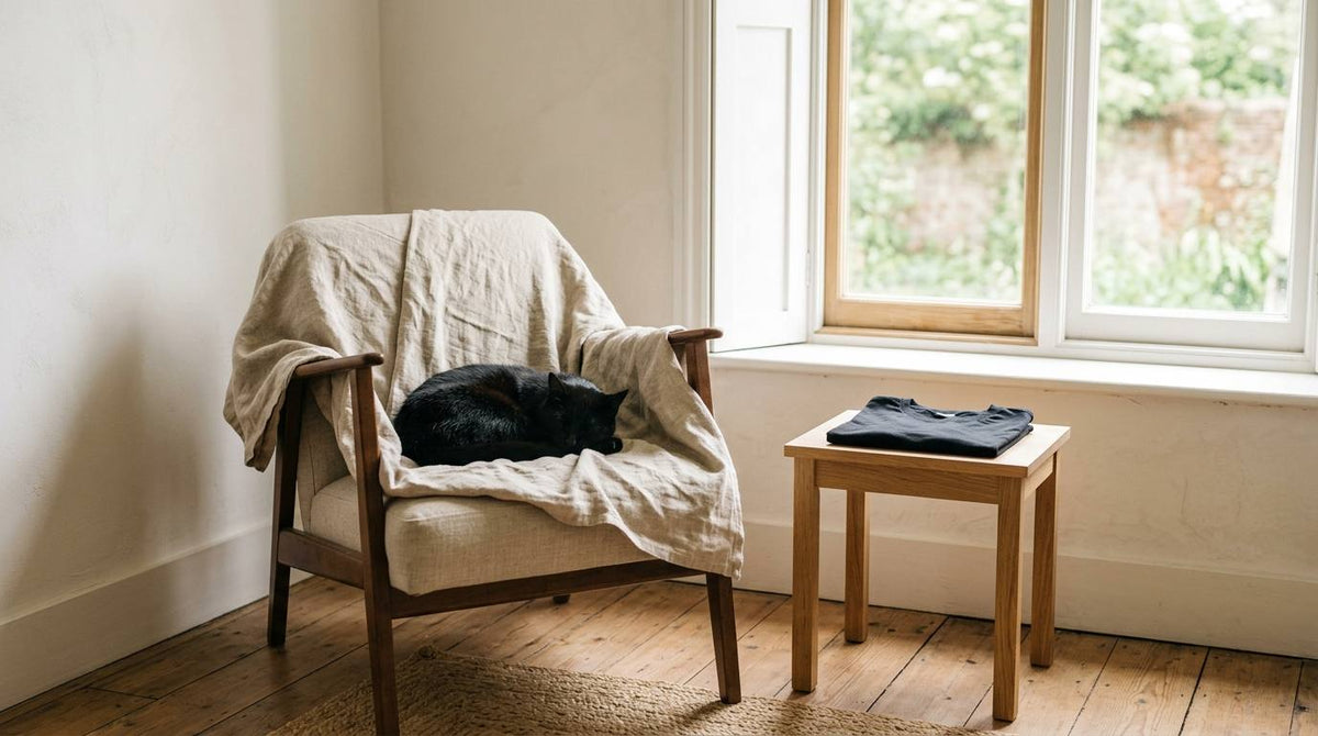 Black cat sleeping on a linen-covered chair beside a folded black tee by a sunny window