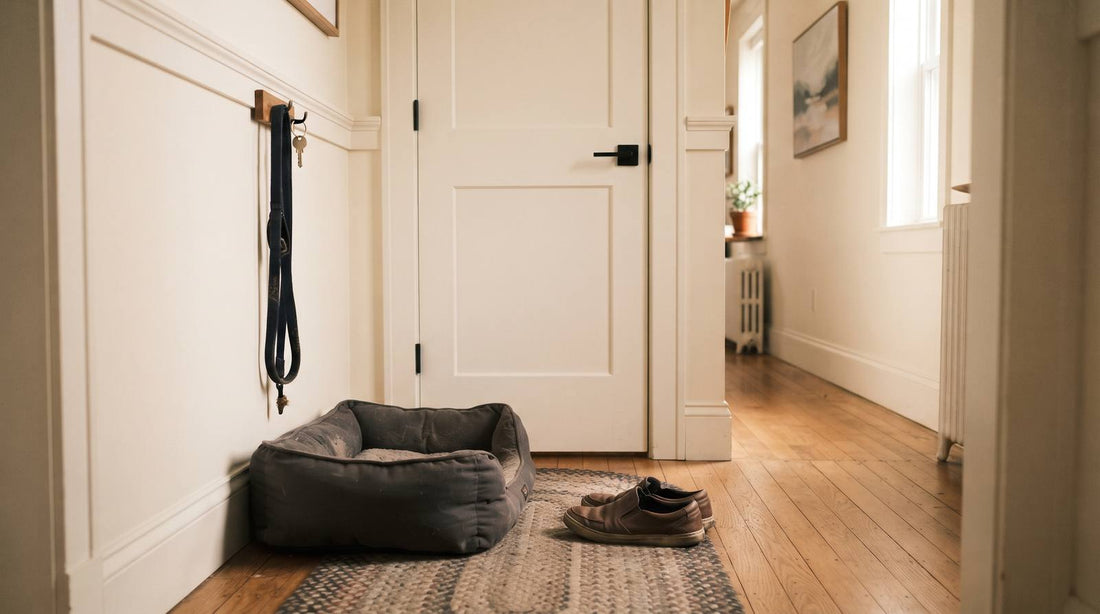 A dog bed and leash beside a closed interior door in a warm home hallway