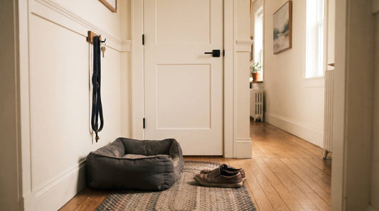 A dog bed and leash beside a closed interior door in a warm home hallway