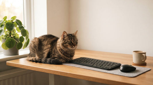 Tabby cat beside an unbranded keyboard and mouse on a sunlit wood desk