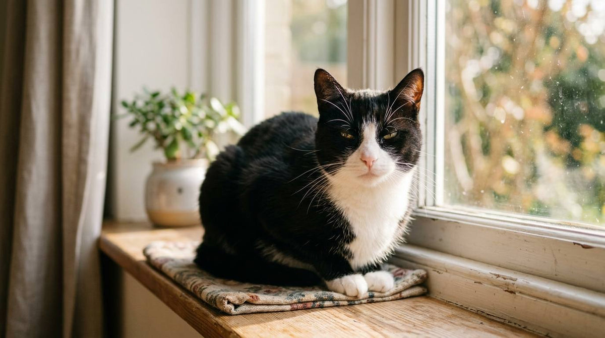 Black-and-white cat with softly narrowed eyes resting on a sunlit windowsill