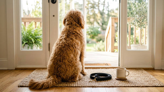 Caramel Goldendoodle sitting at an open front door beside a black leash and plain coffee mug