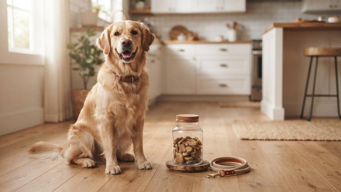 Golden retriever sitting beside a glass jar of dog treats and a leash on a kitchen floor