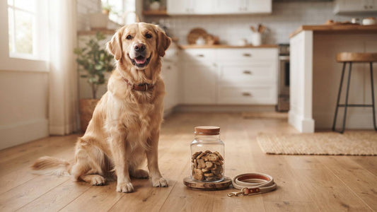 Golden retriever sitting beside a glass jar of dog treats and a leash on a kitchen floor