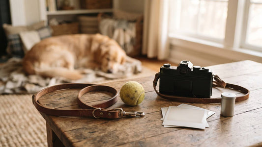 Sleeping golden dog behind a wooden table with a camera, leash, tennis ball, and blank photo prints