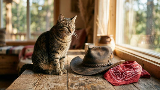 Tabby cat beside a weathered cowboy hat and red bandana on a wood table