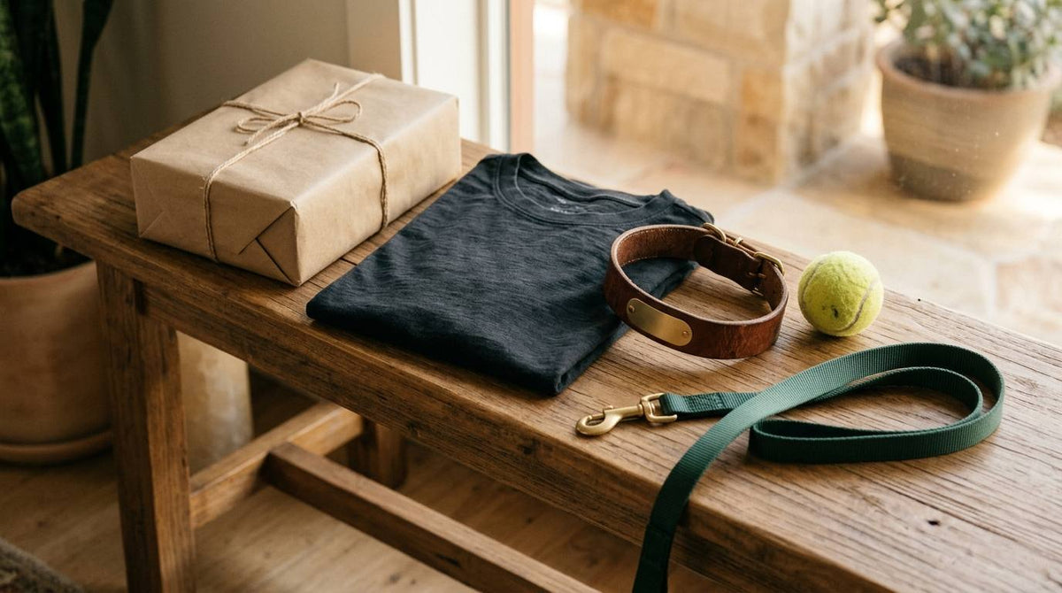Wrapped gift, folded dark shirt, dog collar, leash, and tennis ball on a wooden bench