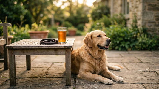 Golden retriever resting beside a patio table with a leash and amber drink