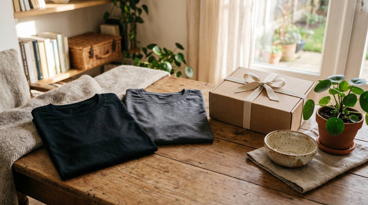 Folded plain black and charcoal tees beside a wrapped gift box on a sunlit wood table