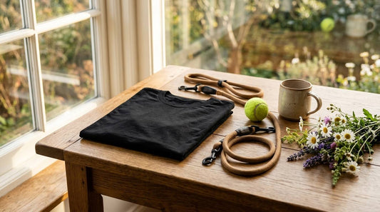 Folded black tee, dog leash, tennis ball, mug, and wildflowers on a sunlit wooden table