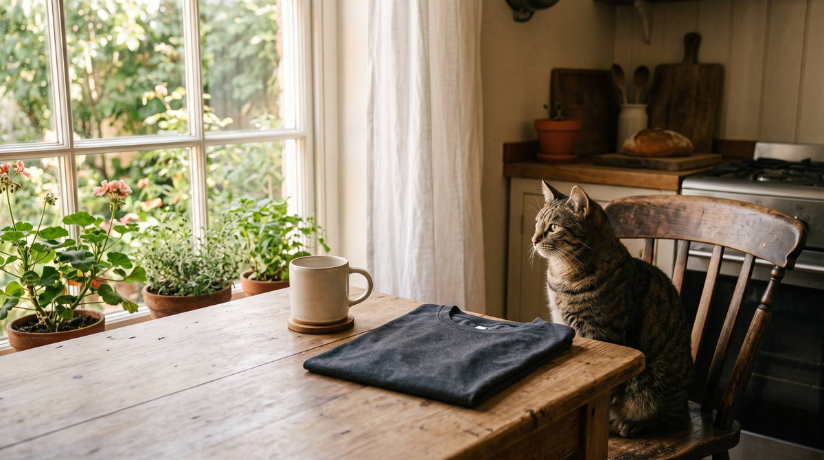 Tabby cat beside a plain coffee mug and folded dark shirt on a sunlit kitchen table