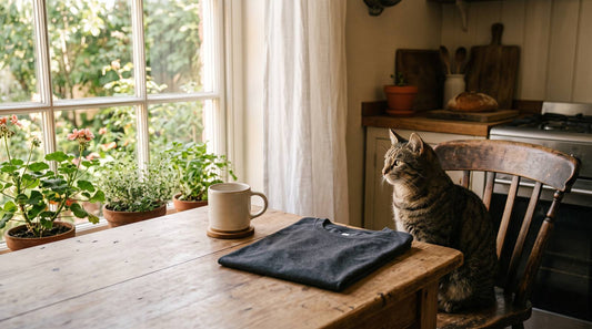 Tabby cat beside a plain coffee mug and folded dark shirt on a sunlit kitchen table