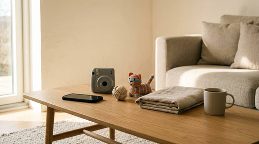 Smartphone, instant camera, cat toy, dog ball, and blanket on a sunlit coffee table