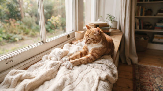 Orange tabby cat kneading a cream knitted blanket on a sunny window bench