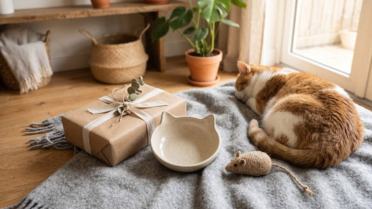 A sleeping orange and white cat beside a wrapped gift, cat-shaped bowl, and toy mouse on a gray throw