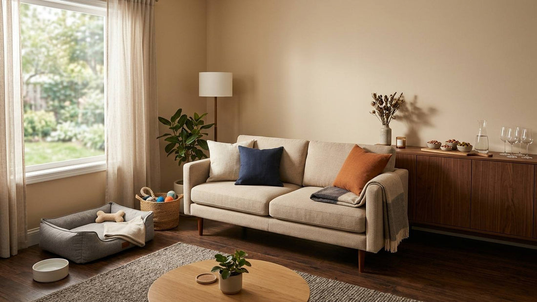A warm living room ready for guests with a dog bed, water bowl, toy basket, and snacks set high on a sideboard