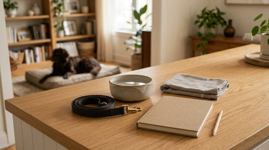 Leash, water bowl, folded towel, and blank pet-sitter notebook on a sunny kitchen counter