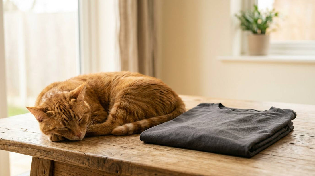 Orange tabby cat resting beside a folded charcoal shirt on a sunlit wood table