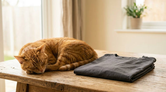 Orange tabby cat resting beside a folded charcoal shirt on a sunlit wood table