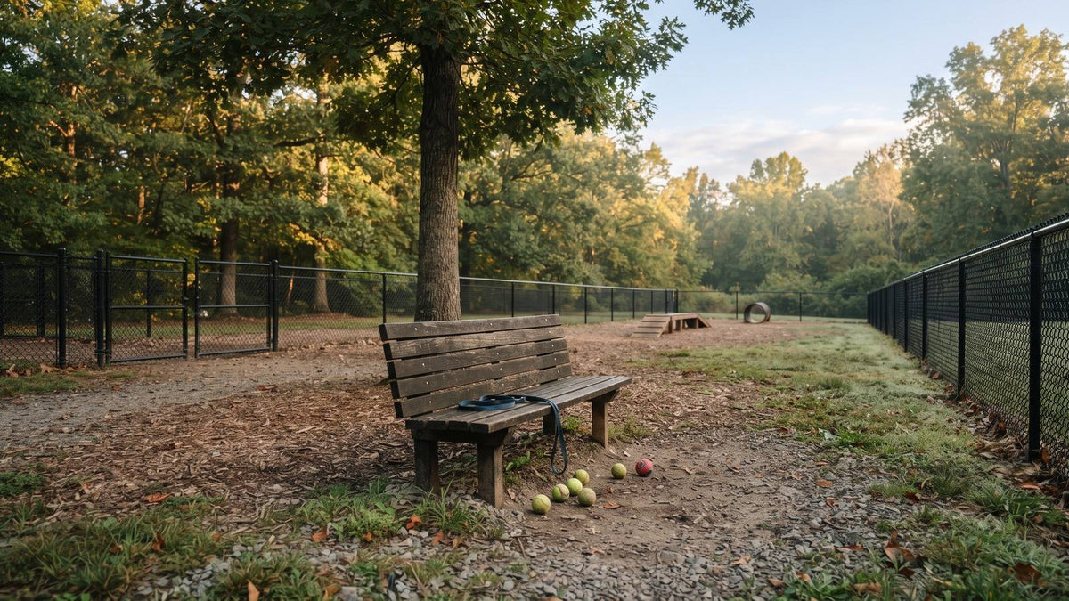 Empty fenced dog park with a wooden bench, tennis balls, and morning light