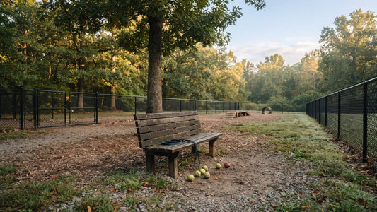 Empty fenced dog park with a wooden bench, tennis balls, and morning light
