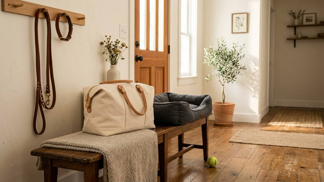Entryway with leash, overnight bag, dog bed, and tennis ball ready for a weekend away