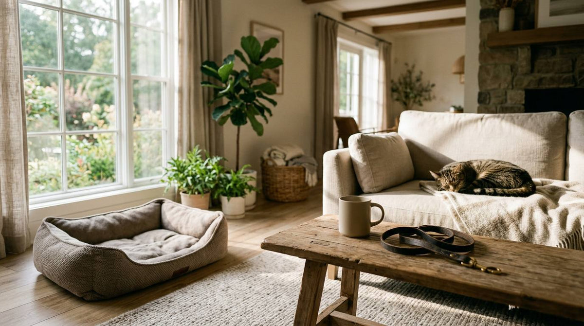 Sunlit living room with a sleeping tabby cat, dog bed, leash, and coffee mug