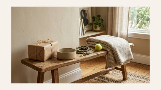 Wrapped gift, dog leash, bowl, tennis ball, and folded blanket on a wooden bench