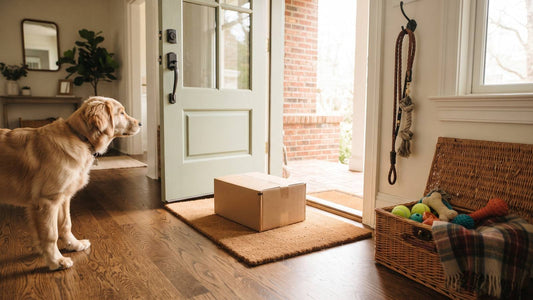 Golden dog watching a plain package at an open front door