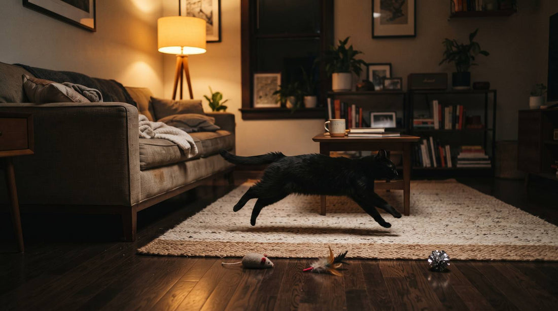 Black cat leaping across a rug in a warmly lit living room at night
