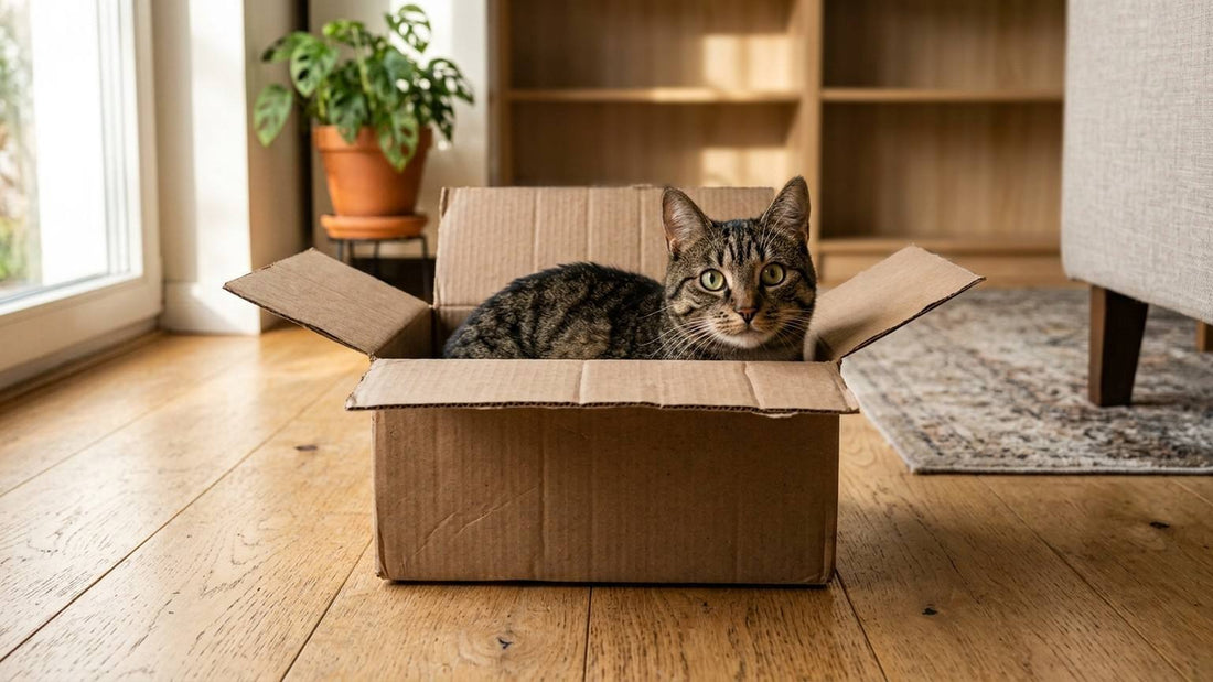 Tabby cat sitting in a plain cardboard box on a sunlit wood floor