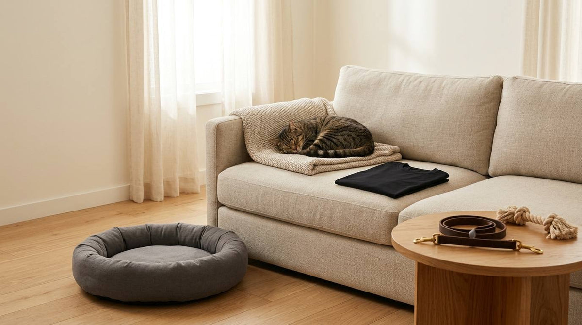 Sleeping tabby cat on a cream sofa beside a folded black shirt, dog bed, leash, and rope toy