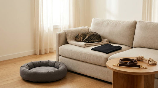 Sleeping tabby cat on a cream sofa beside a folded black shirt, dog bed, leash, and rope toy