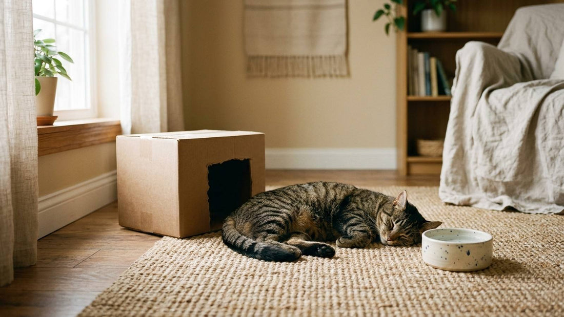 Tabby cat resting beside a cardboard hideaway and water bowl in a calm sunlit room