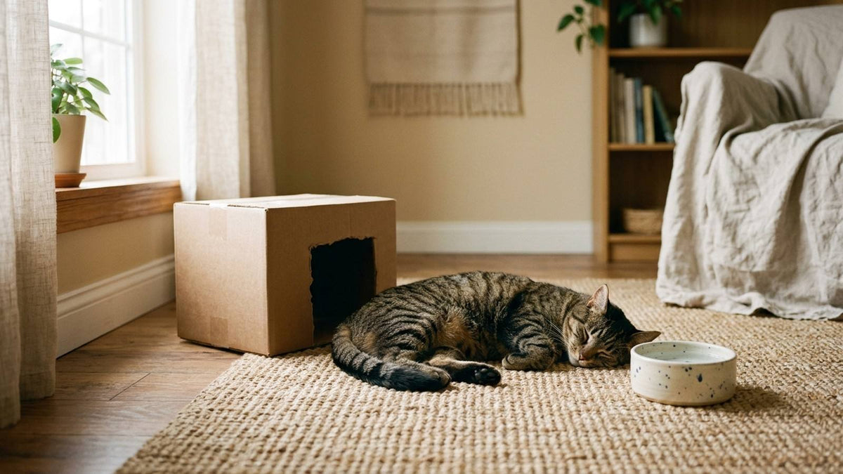 Tabby cat resting beside a cardboard hideaway and water bowl in a calm sunlit room