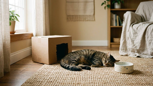 Tabby cat resting beside a cardboard hideaway and water bowl in a calm sunlit room