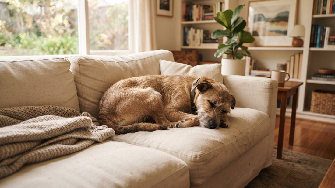 A relaxed tan dog curled on a cream couch beside folded blankets in a warm living room