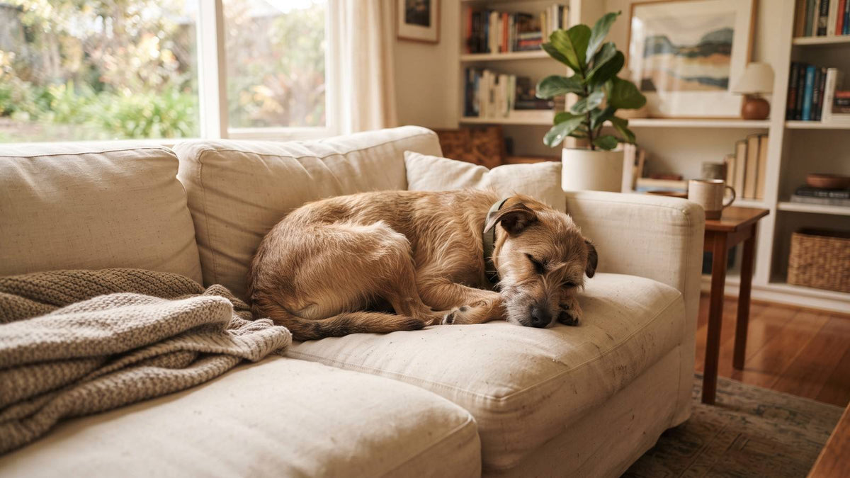 A relaxed tan dog curled on a cream couch beside folded blankets in a warm living room