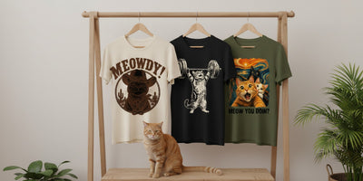 Animal Obsessed cat tees hanging on a wooden rack beside a ginger cat
