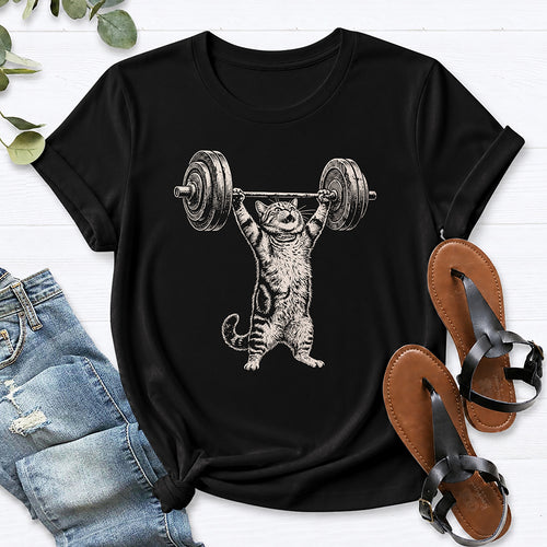 Cat Weight Lifting Tee — Black