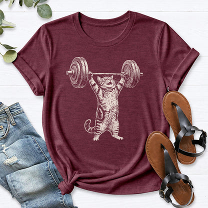Cat Weight Lifting Tee — Heather Maroon
