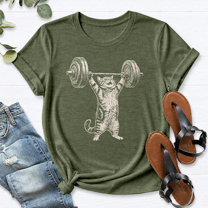Cat Weight Lifting Tee — Heather Military Green