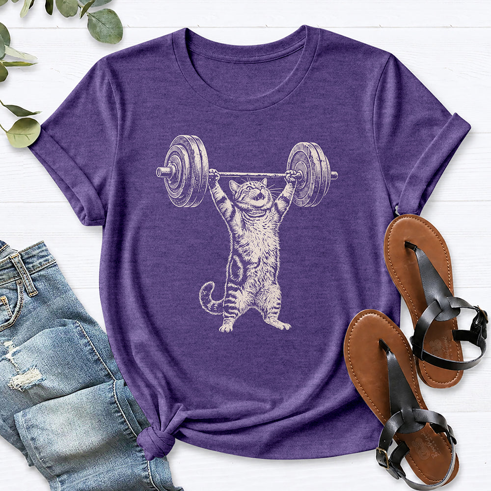 Cat Weight Lifting Tee — Heather Purple