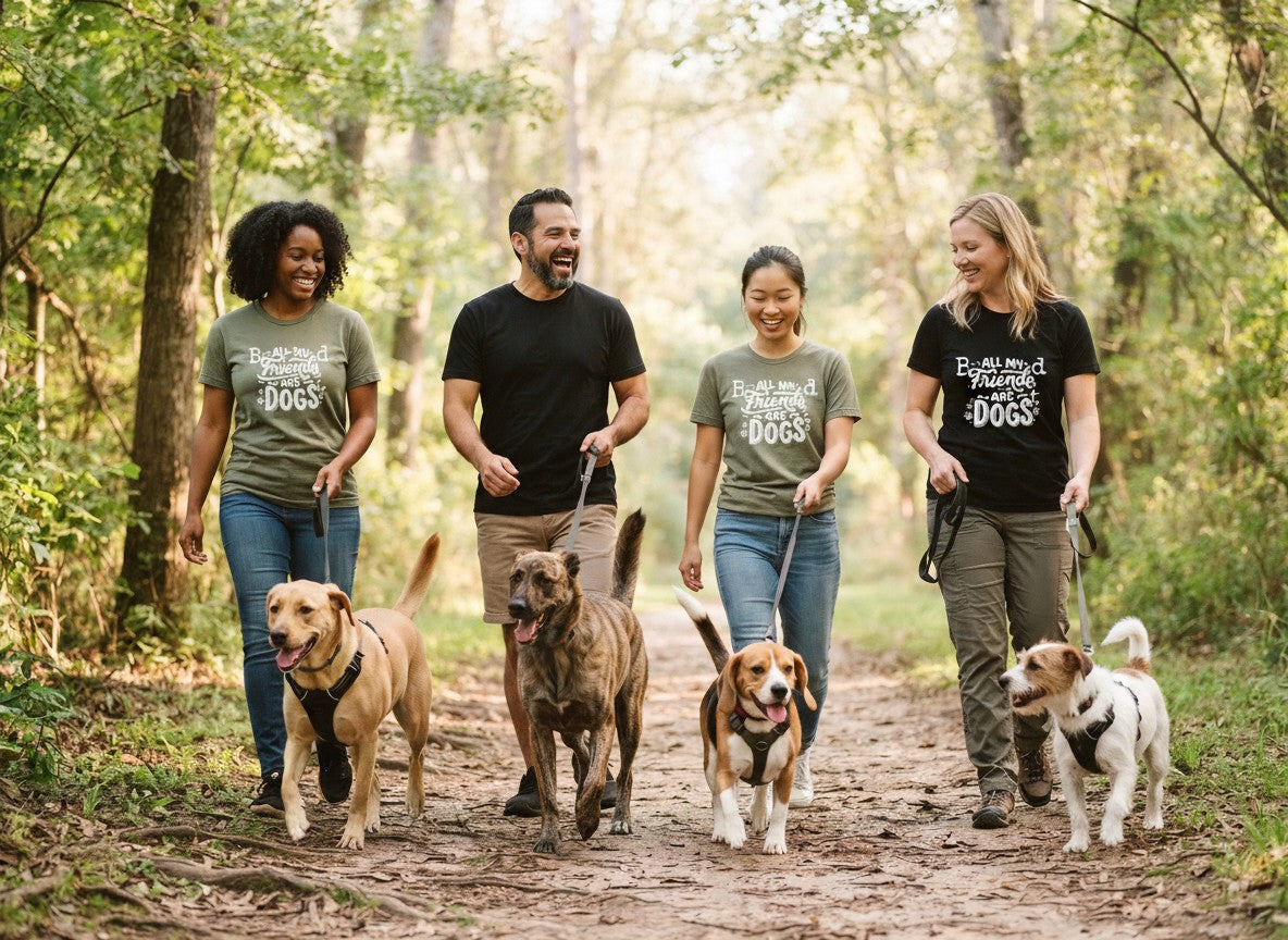 Volunteers in Animal Obsessed tees walking a group of shelter dogs