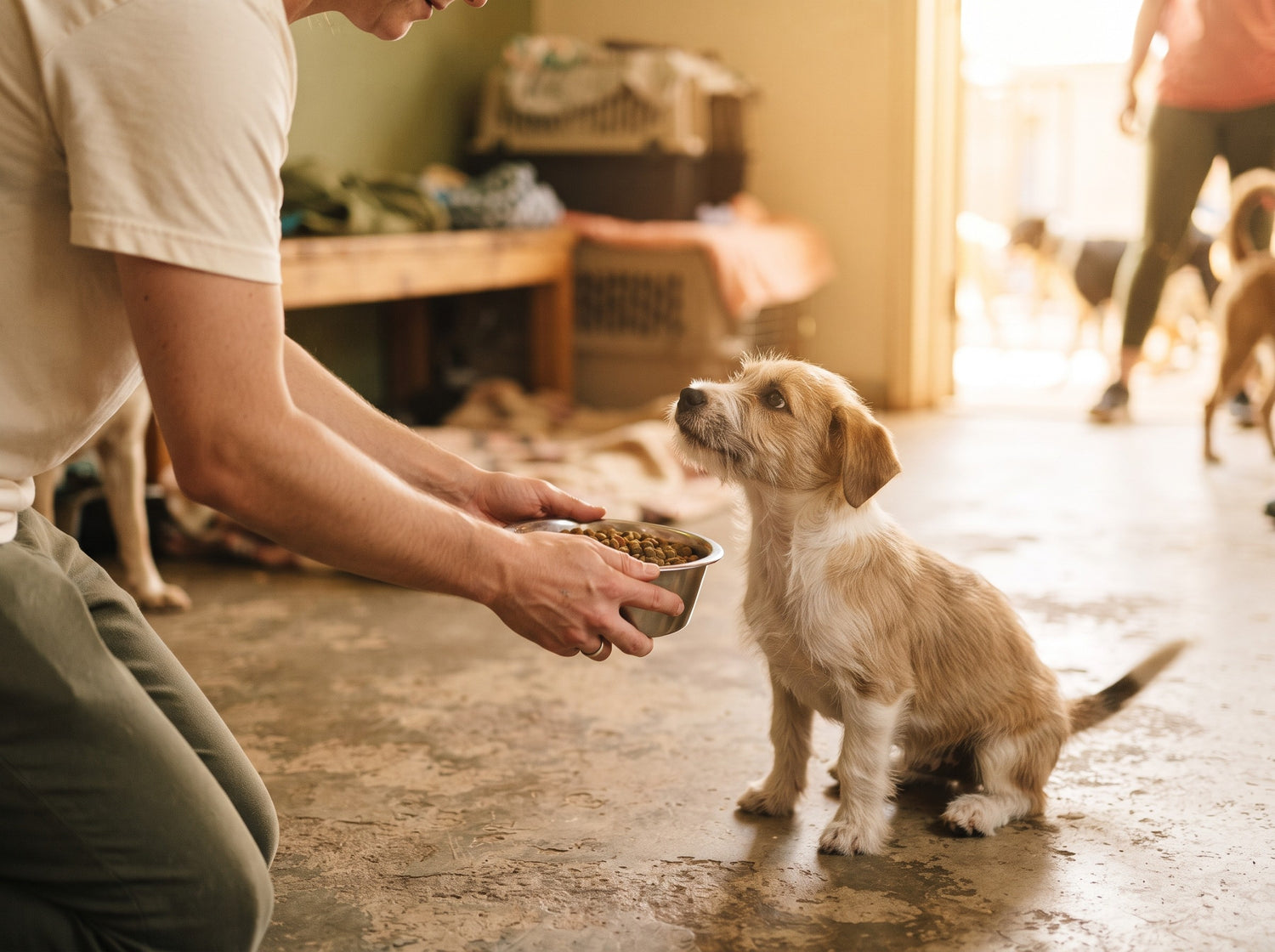 Hands lowering a bowl of food to an eager rescue puppy