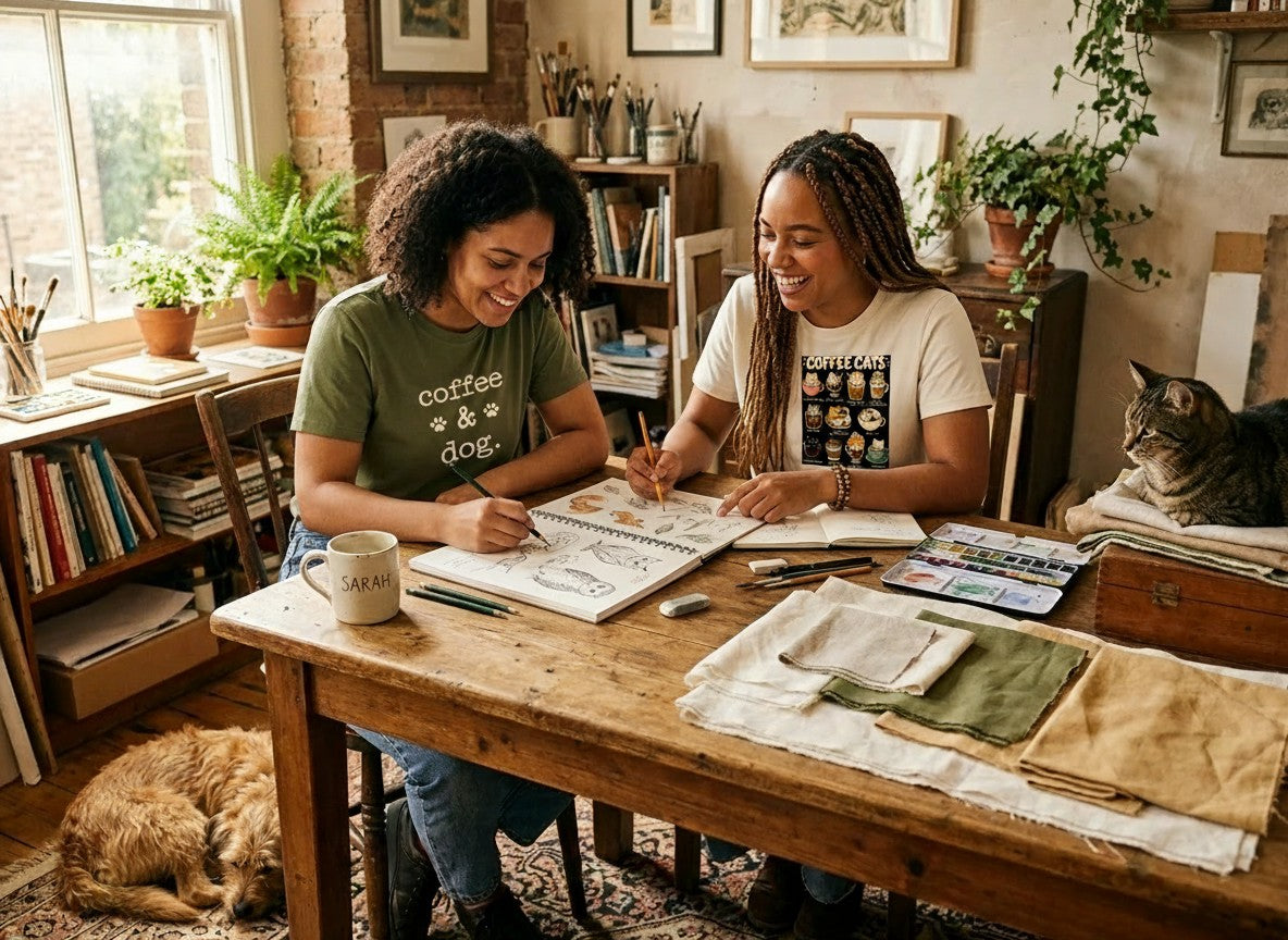 Two designers sketching animal t-shirt designs at a studio table