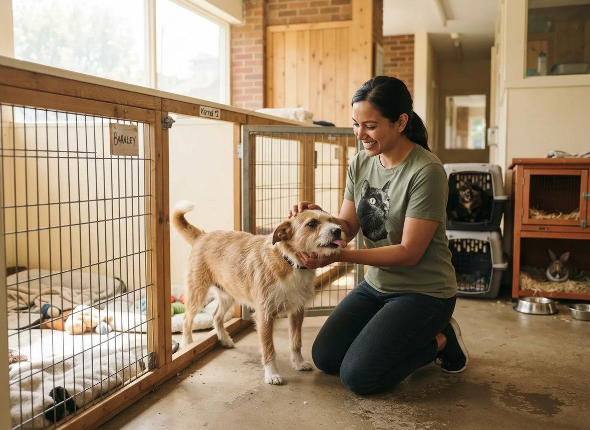 A volunteer in an Animal Obsessed tee petting a rescue dog at an animal shelter