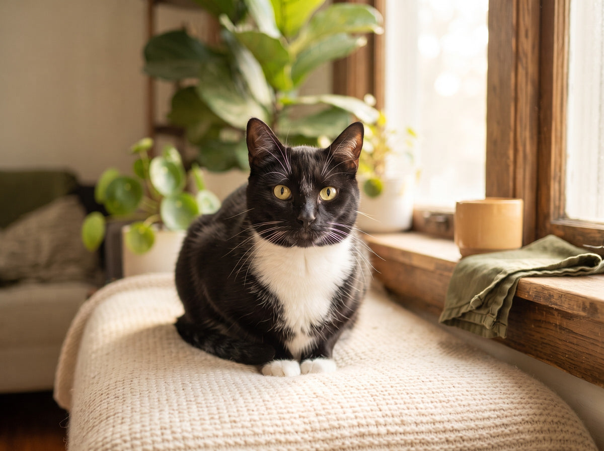 A black and white rescue cat sitting on a cream blanket by a sunlit window