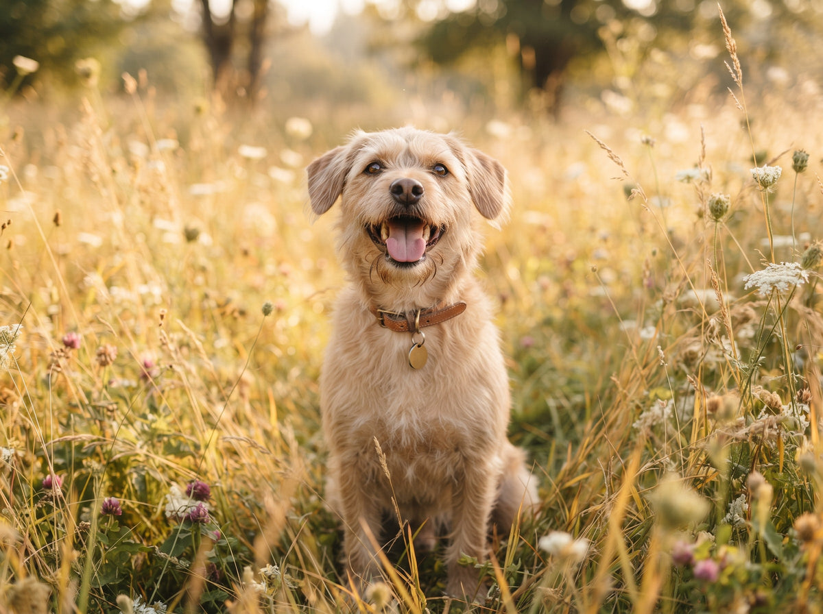 A happy rescue dog sitting in golden morning grass